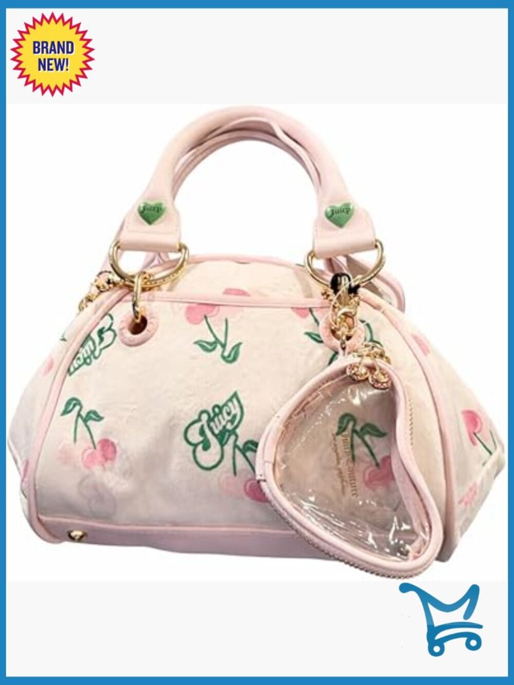 Medium Retro Satchel with Cherry Print, Faux Leather, Chain Strap